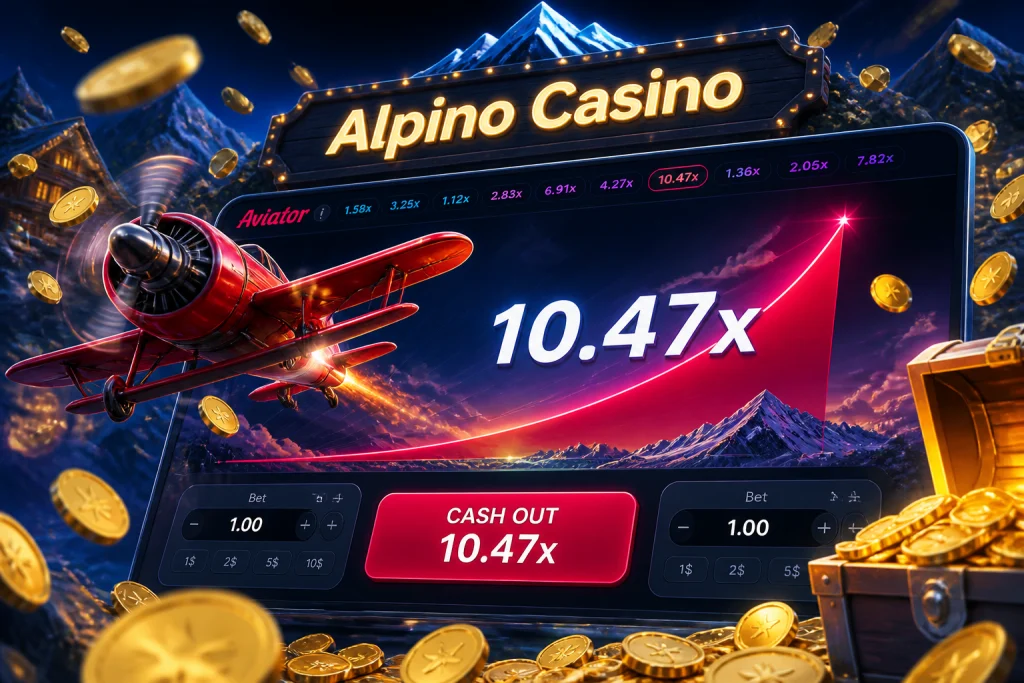 Schermata di Aviator su Alpino Casino con la curva del moltiplicatore in salita e il pulsante di cash-out pronto