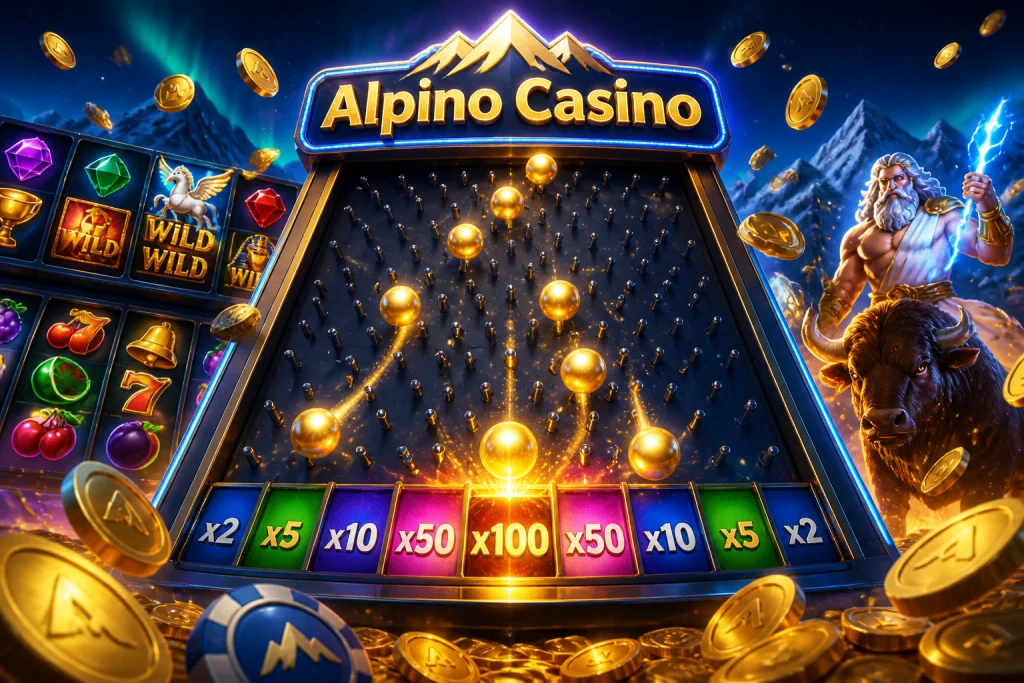 Tabellone Plinko di Alpino Casino con palline verso moltiplicatori alti