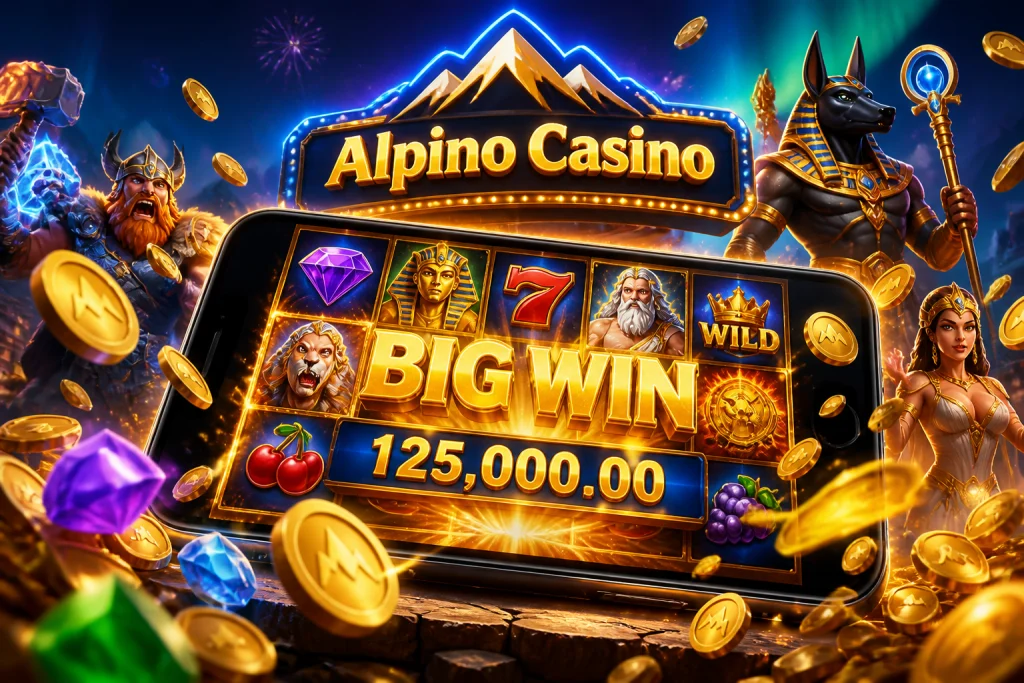 Smartphone con l'app di Alpino Casino aperta durante una sessione di gioco con monete e moltiplicatore