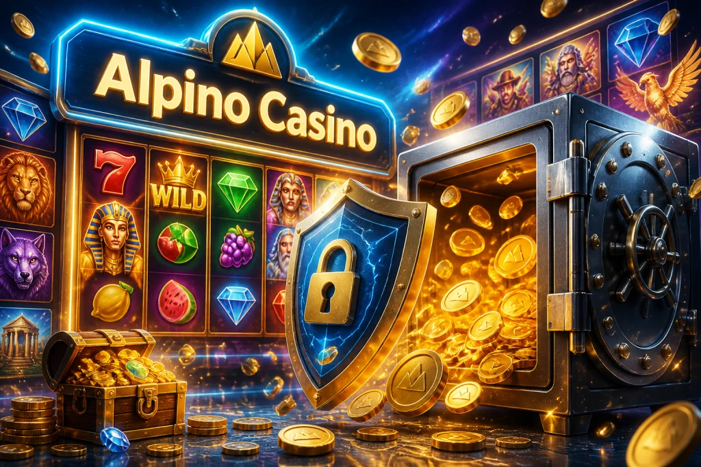 Rappresentazione di un pagamento sicuro su Alpino Casino con scudo di protezione e monete che entrano nel caveau